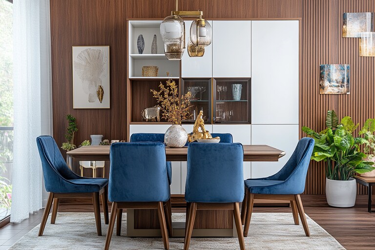 Modern Wooden Dining Room Design With Blue Velvet Upholstered Chairs ...