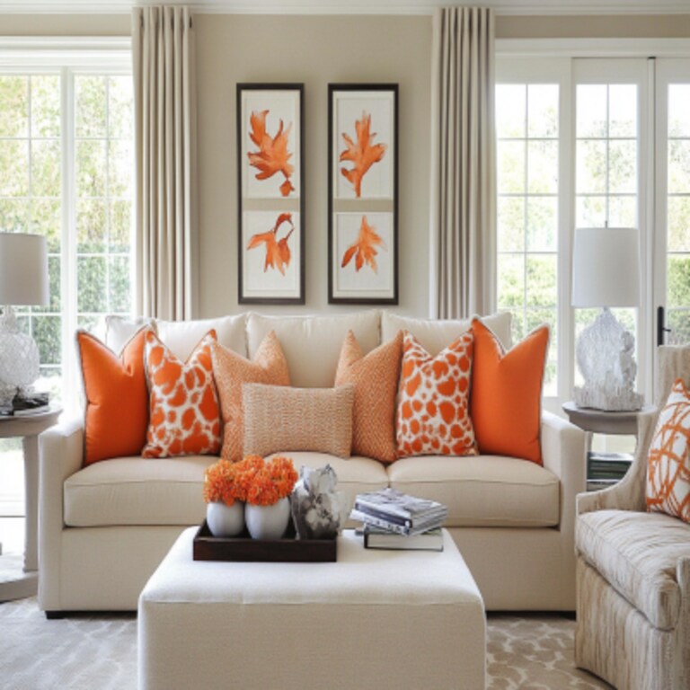 Contemporary Living Room Design with Beige and Orange Upholstered Sofas