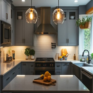 Modern U-Shaped Kitchen Design with Grey Cabinets and Quartz Countertop