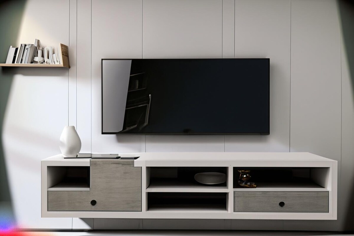 Modern TV Unit Design in White and Grey Laminate
