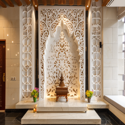 Modern Frosty White Multi-Level Floor-Mounted Mandir Design With Wooden CNC-Cut Wall Panel