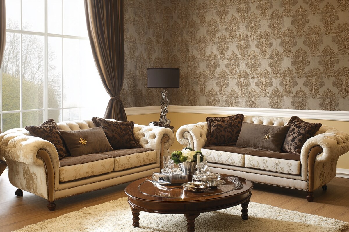 Traditional Gold-Toned Living Room Design With Beige And Brown Sofas And Damask Wallpaper