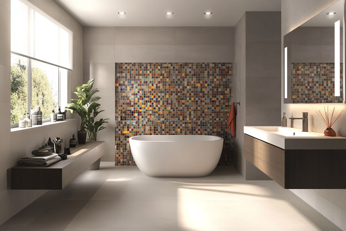 Modern Bathroom Design with Grey and Mosaic Tiles