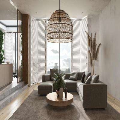Airy Living Room Design Featuring Staw Rattan Chandelier and White Shutter Doors