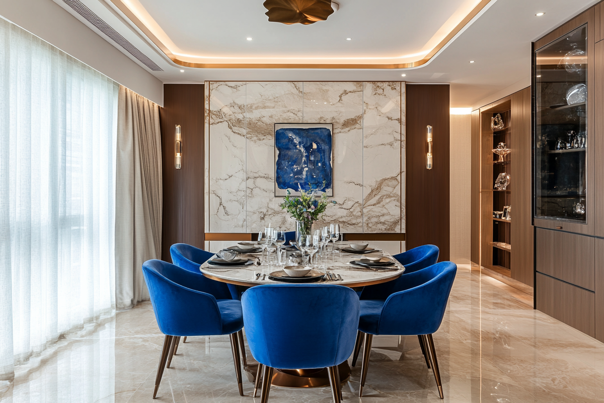 Contemporary 5-Seater Blue And Beige Dining Room Design With Marble Wall Panel