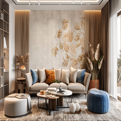 Contemporary Living Room Design With Beige-Blue Seaters And Beige Leafy Wallpaper