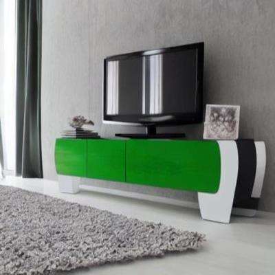 Modern TV Unit Design in Green and White Laminate and Grey Rug