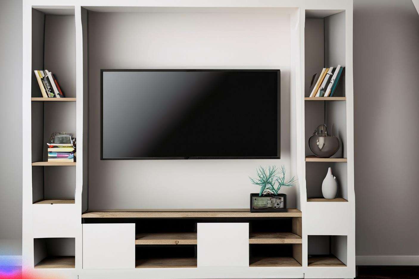 White Rustic TV Unit Design With Unique Wall Shelf