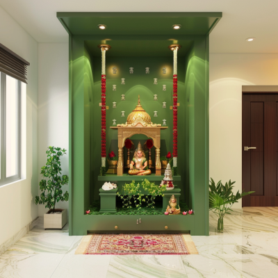 Contemporary Mandir Design With Wooden Storage And Marble Accent Wall