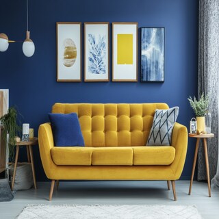 Modern Navy Blue Living Room Wall Paint Design With Mustard Yellow Sofa