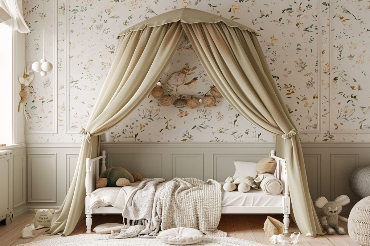 Art Deco Kids Room Design For Girls With Wall Arch And Beige Floral Wallpaper