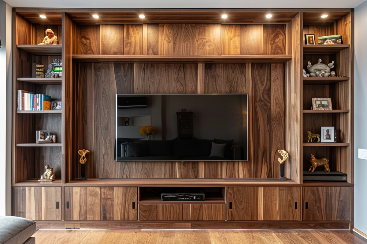 Contemporary Walnut Wood TV Cabinet Design With In-Built Shelves And Cabinets