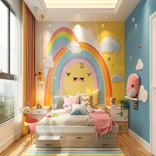 Minimal Kids Room Design For Girls With Rainbow-Themed Wallpaper