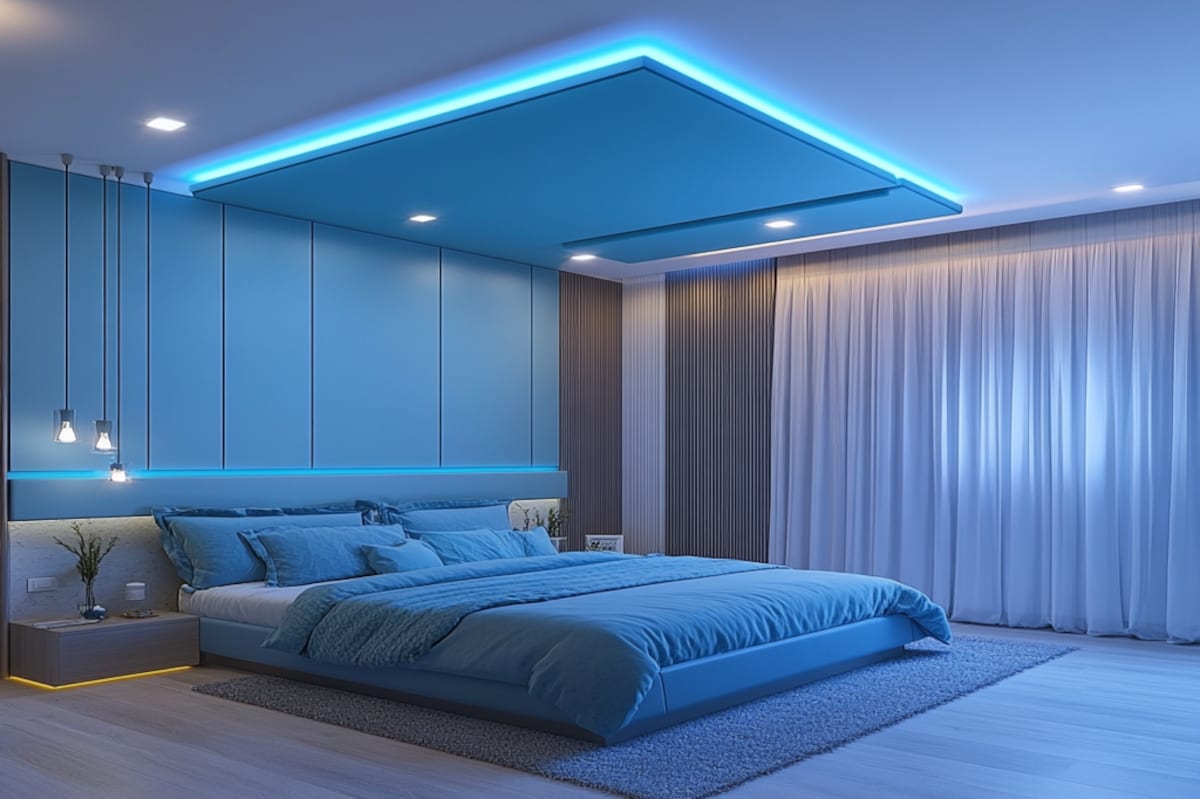 Contemporary Single-Layered Blue False Ceiling Design For Bedroom With Cove Lights