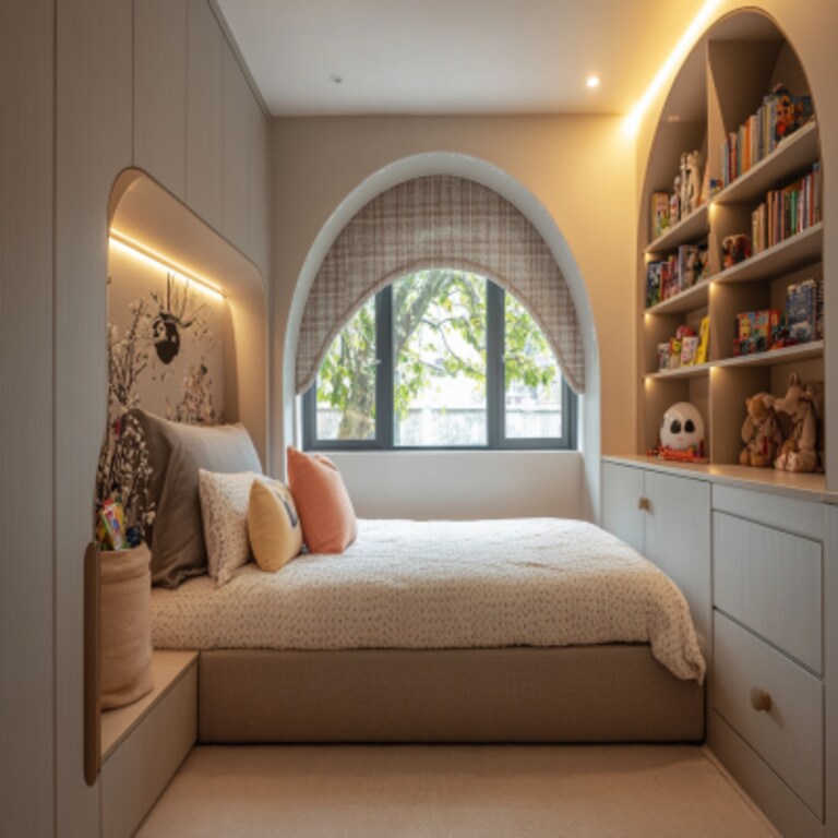 Modern Kids Bedroom Design With Arched Alcove Storage