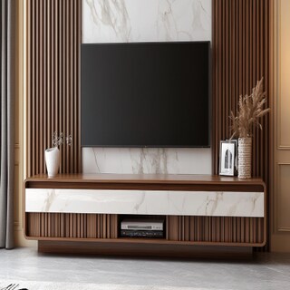 Modern TV Unit Design With White Marble Wall Tile And Fluted Panelling