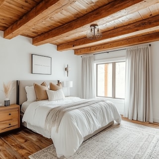 Mid-Century Modern Bedroom Ceiling Design With White Paint And Wooden Beams