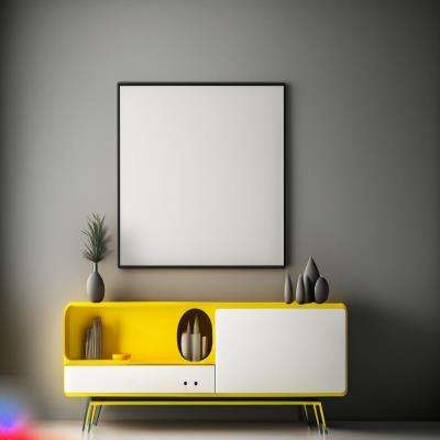 Modern TV Unit Design  in White and Yellow Laminate  with Grey Walls