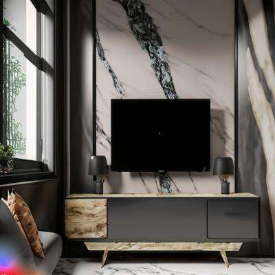 Rustic TV Unit Design in Black with Marble backdrop
