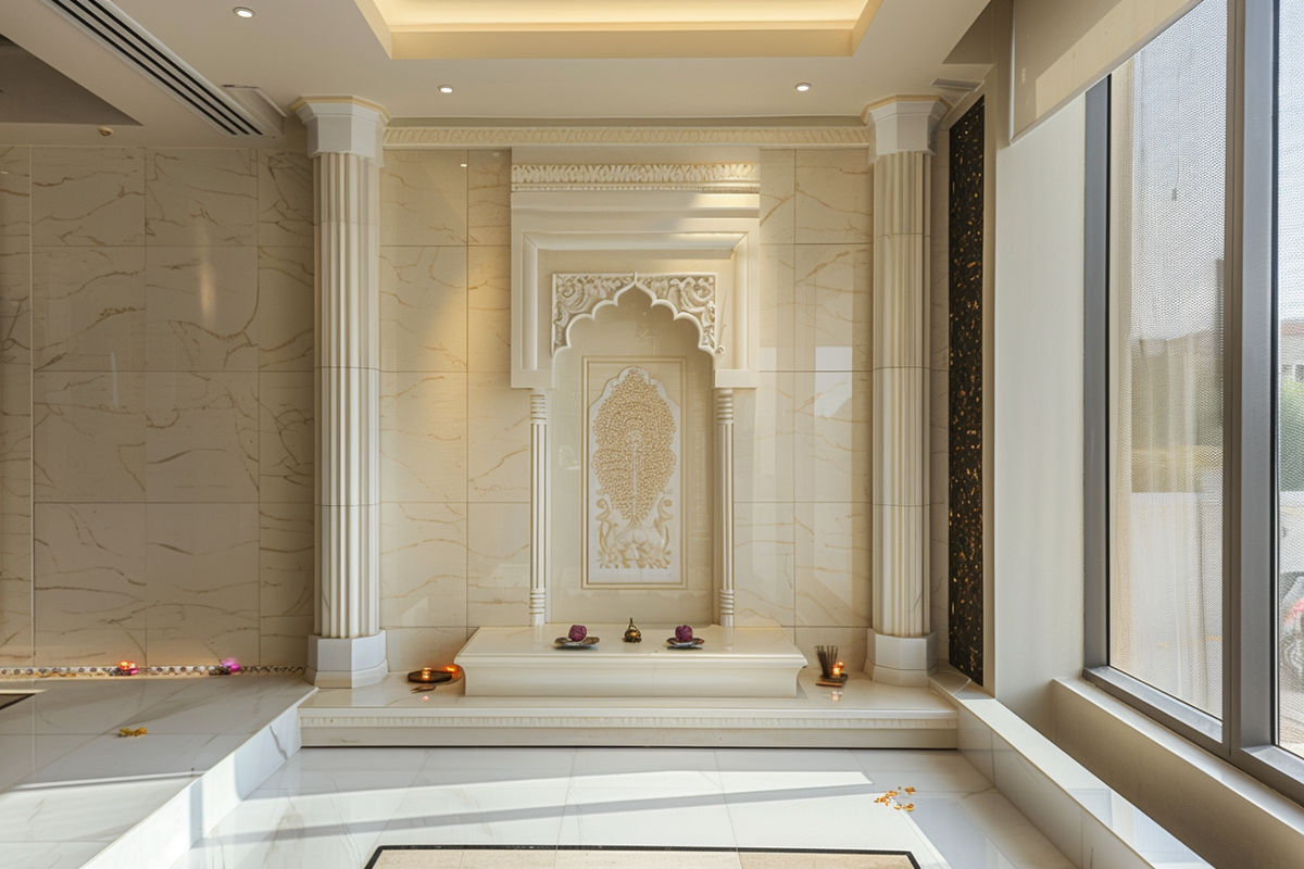 Modern Wall-Mounted White Mandir Design With Marble Panel