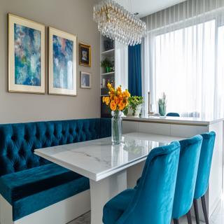 Modern 3-Seater White Dining Room Design With L-Shaped Blue Velvet Seater