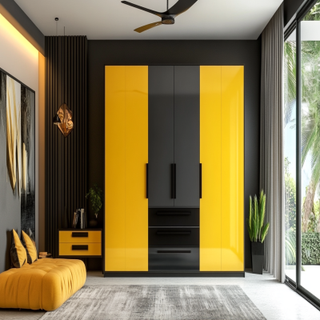 Modern 3-Door Multi Coloured Swing Wardrobe Design With Yellow Wardrobe Shutter