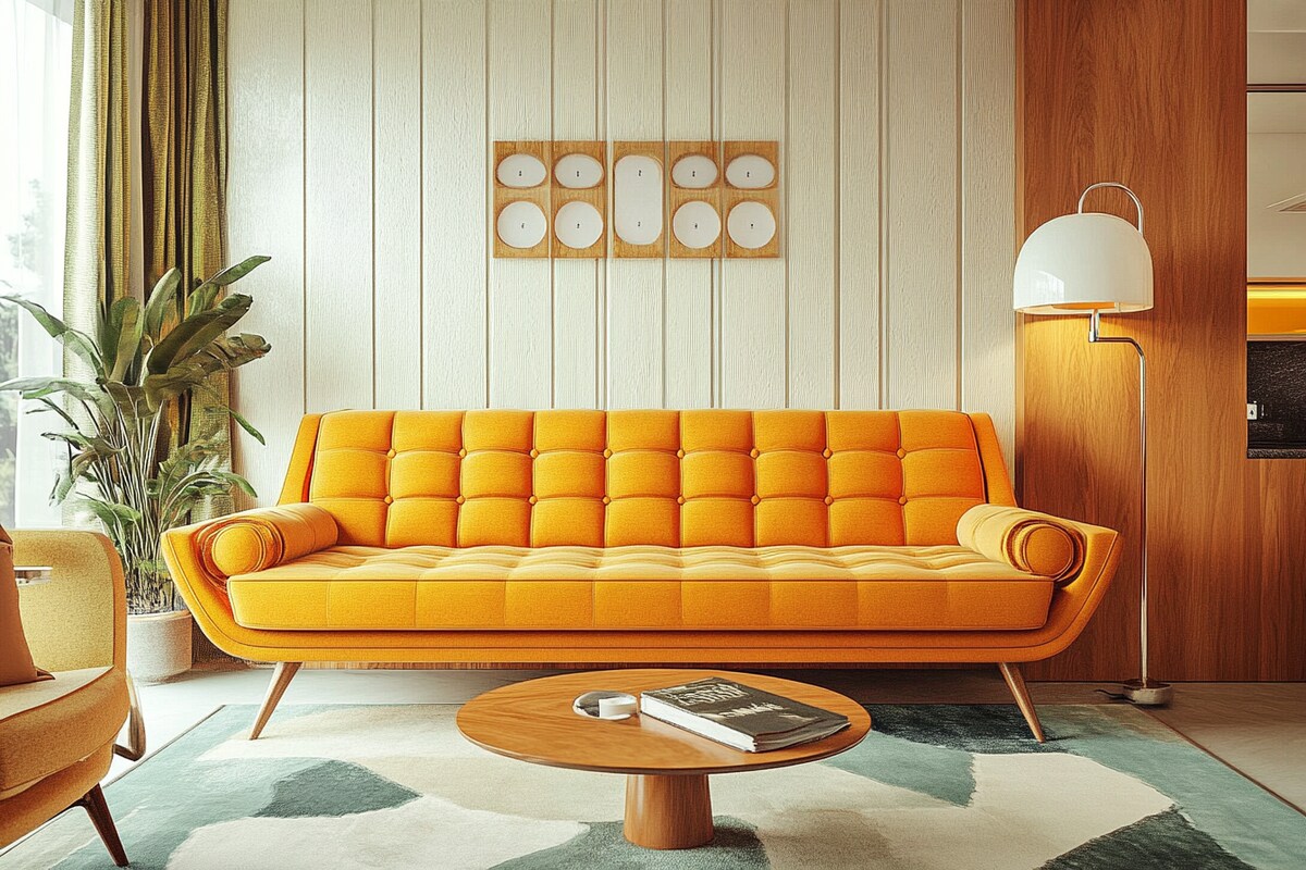 Mid-Century Modern Living Room Design with Mustard Sofa