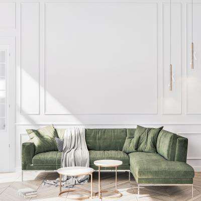 Living Room Design With Olive Green Velvet Couch and Pendant Lighting