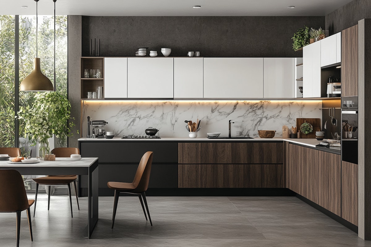 Industrial White And Dark Wood Open Modular Kitchen Design With Marble Breakfast Counter