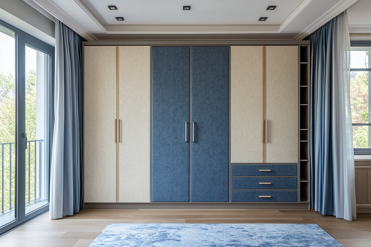 Modern 4-Door Denim Suede And Irish Cream Swing Wardrobe Design