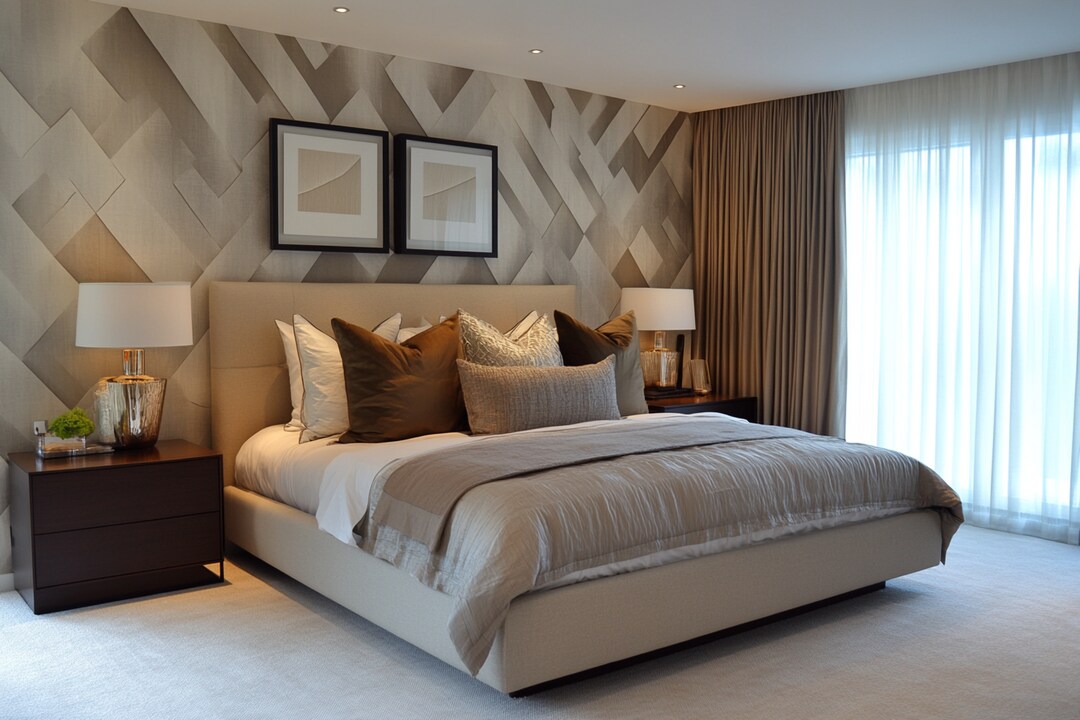 Contemporary Bedroom Wall Design With Geometric Wallpaper And Wall ...