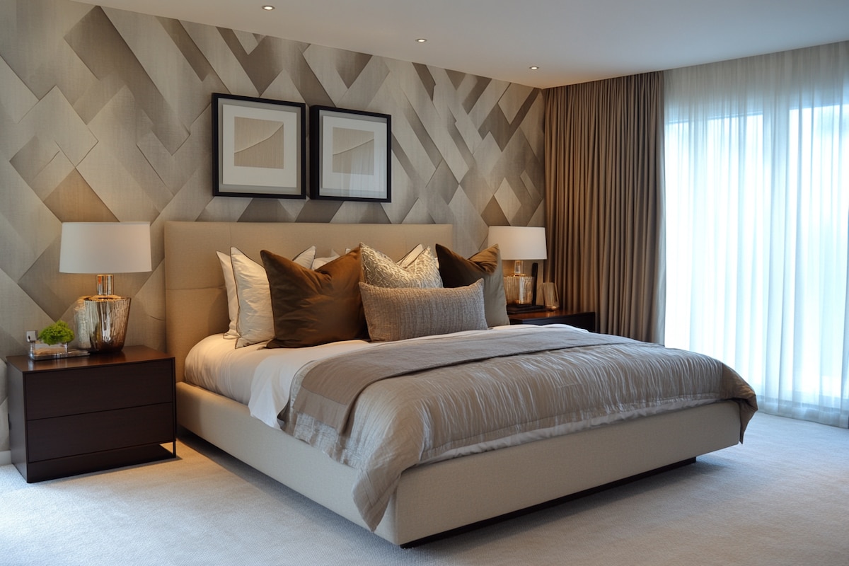 Contemporary Bedroom Wall Design With Geometric Wallpaper And Wall Panelling