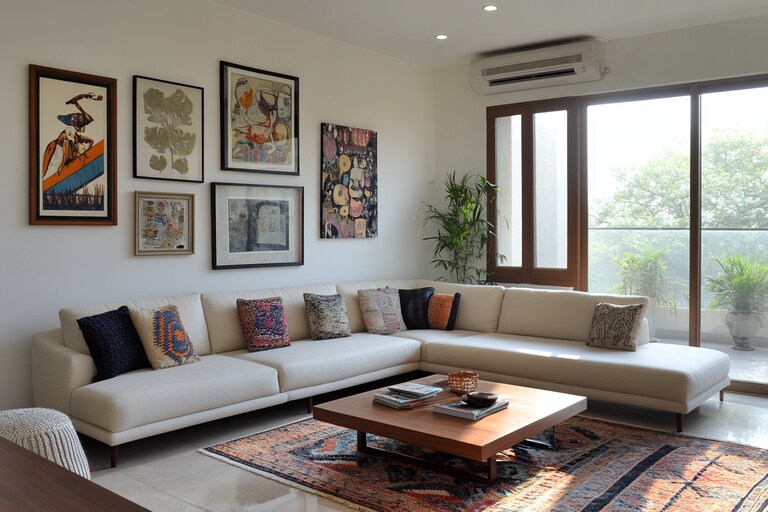 View of Contemporary Living Room Design with Cream L-shape Sofa and Art