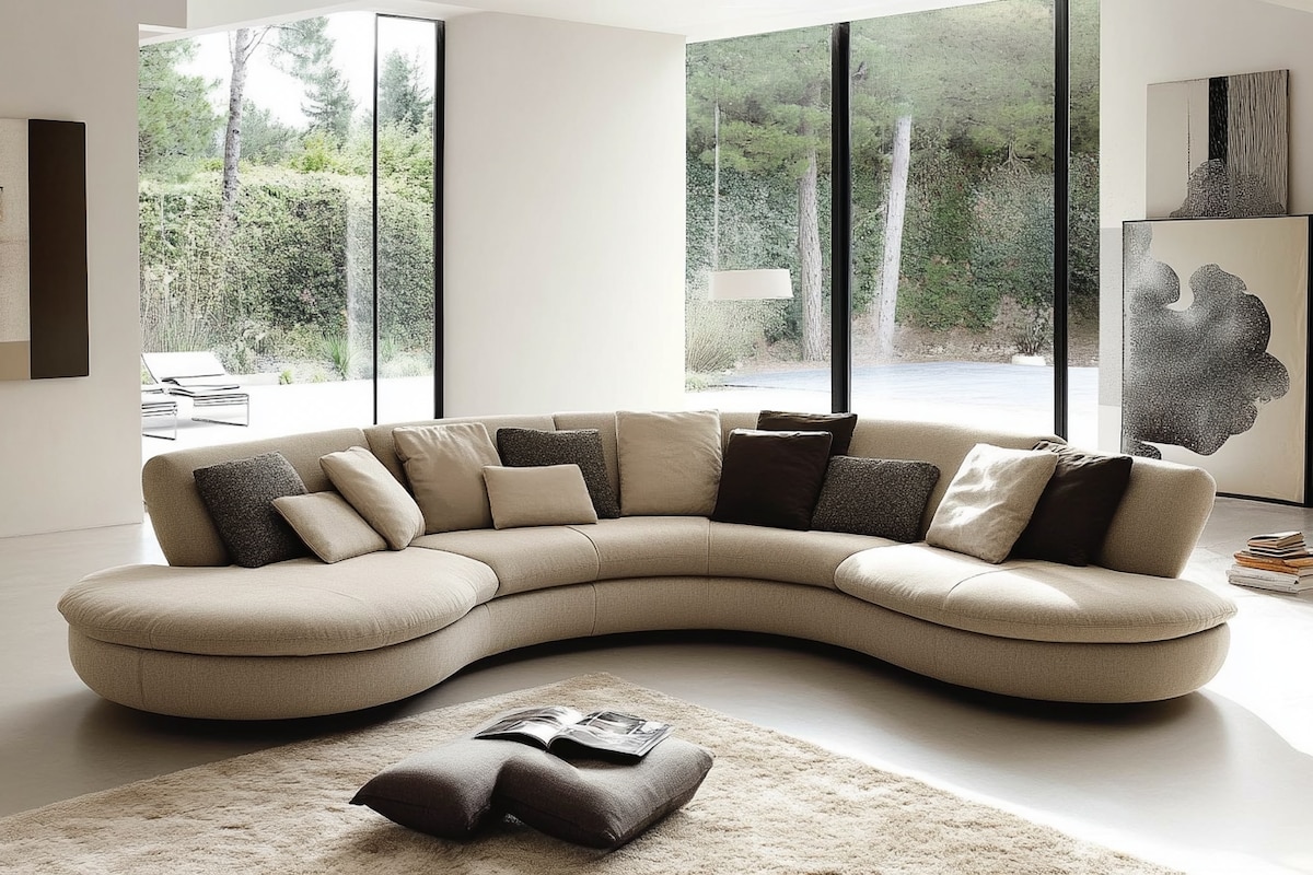 Contemporary Living Room Design with Curved Beige Sofa