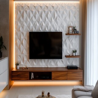 Modern Wall-Mounted TV Unit Design with Wooden TV Console and White Patterned Accent Wall