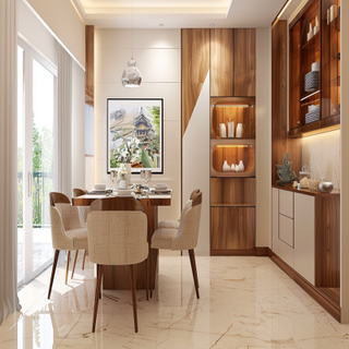 Modern 4-Seater Beige and Wood Dining Room Design With White Crockery Unit