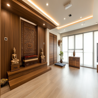 Contemporary Mandir Design With Tahiti Samoa Teak Laminates And Storage Unit