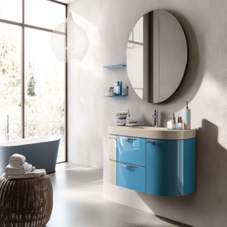 Modern Grey And Beige Bathroom Design With Blue Vanity Unit