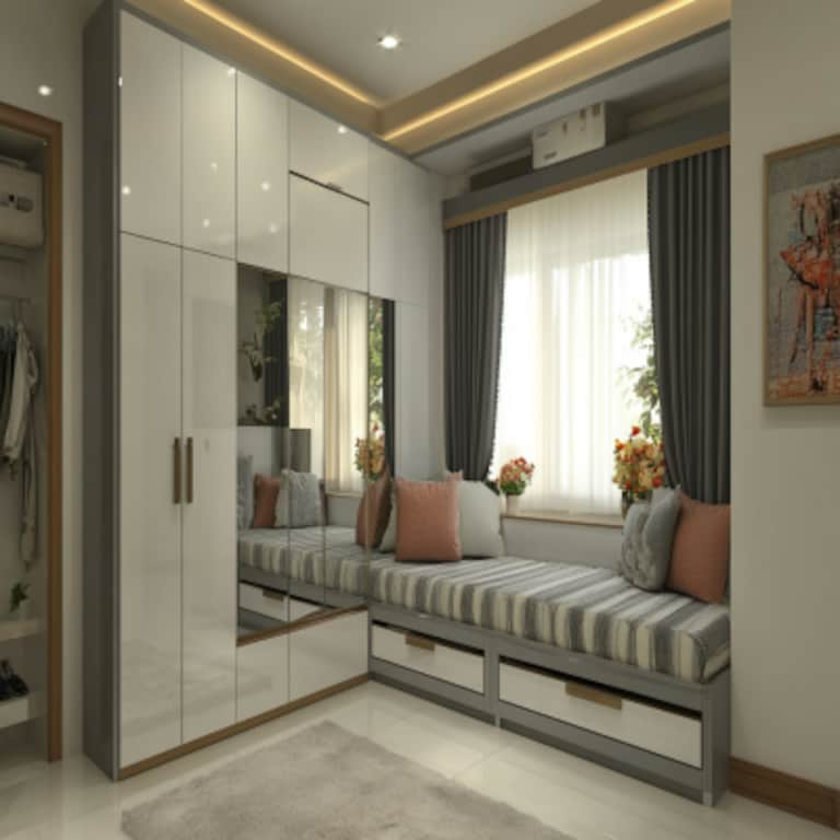 Modern Grey And White 4-Door Swing Wardrobe Design With Window Seater