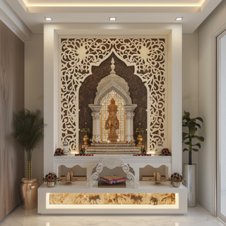 Traditional Floor- Mounted White And Wood Mandir Unit With White CNC-Cut Jali Work