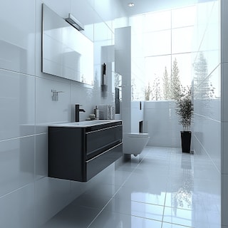 Contemporary Black And White Bathroom Design With Grey Vanity Unit