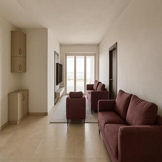 Medium Contemporary Beige Living Room Design with Red Seating