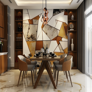 Contemporary 4-Seater Wooden Dining Room Design With Abstract Wallpaper