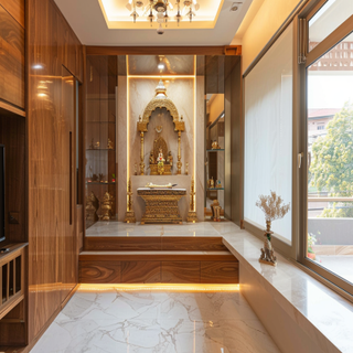 Modern Champagne-Toned And Wood Pooja Room Design With Floor-Mounted Storage Unit