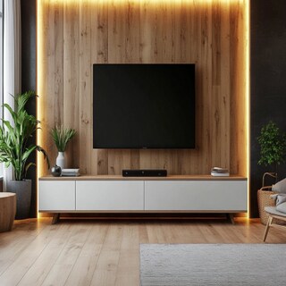 Modern Frosty White TV Console Design with Wooden Wall Panelling