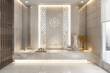 Modern Silver Frost And White Pooja Room Design With White CNC-Cut Back ...