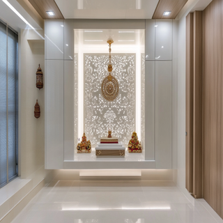 Contemporary Frosty White Glossy Wall-Mounted Pooja Room Design