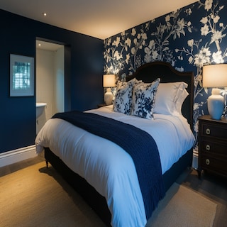 Contemporary Dark Blue And White Wall Design With Wall Trims And Floral Wallpaper