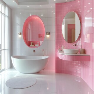 Contemporary White And Pink Bathroom Design With Semi-Circular Mirror