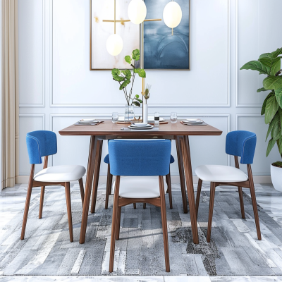 Mid-Century Modern White And Wood 4-Seater Dining Room Design With Blue Chairs And Seater